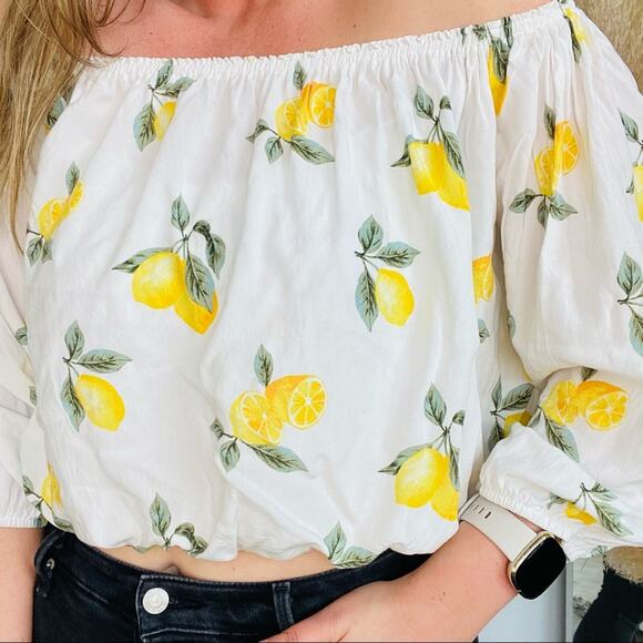 F21 FOREVER 21 White Yellow Lemon Print Off The Shoulder Blouse Shirt Crop Top L - Picture 4 of 8